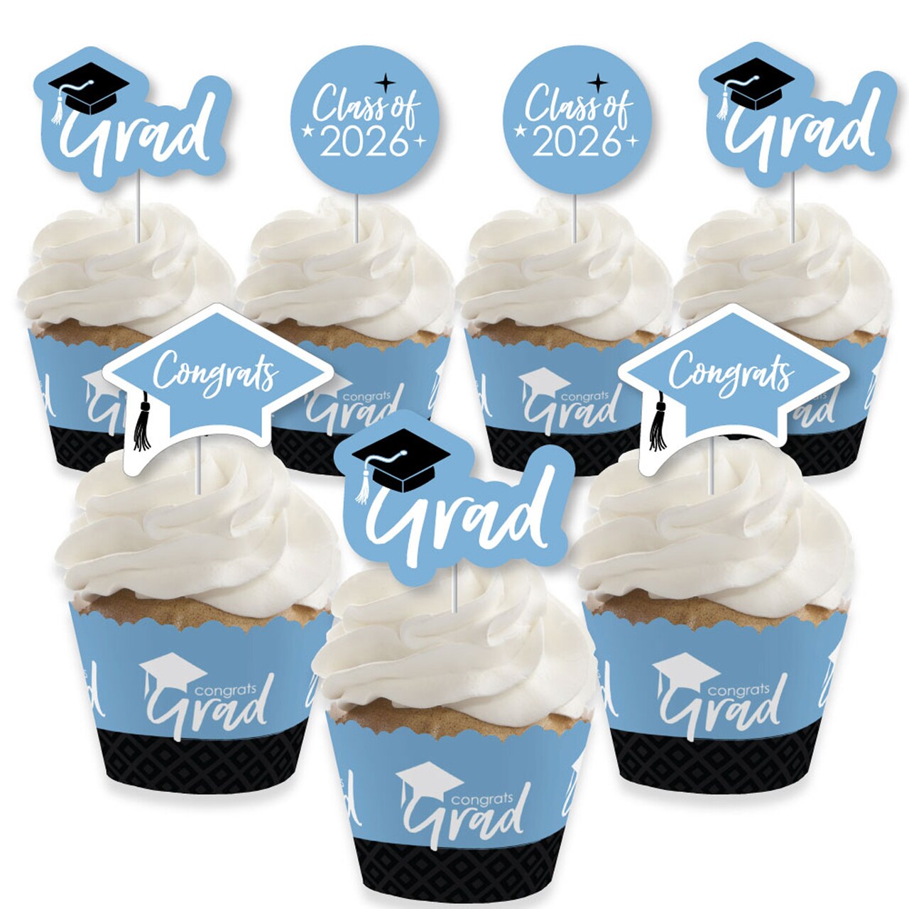 Big Dot of Happiness 2026 Light Blue Graduation Cupcake Decoration - Party Cupcake Wrappers and Treat Picks Kit - Set of 24